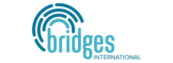 Logo of Bridges International, featuring a stylized blue circular design with the text "bridges international" in blue lowercase letters.