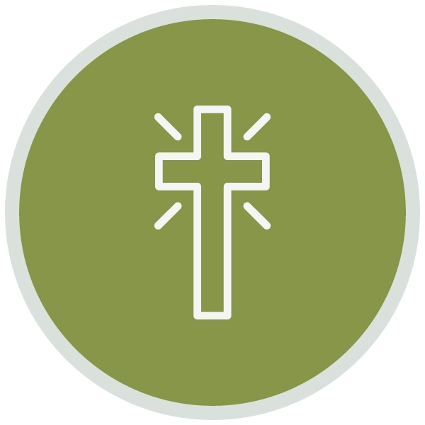 A white cross with radiating lines on a green circular background invites you to connect with a Christian Church.