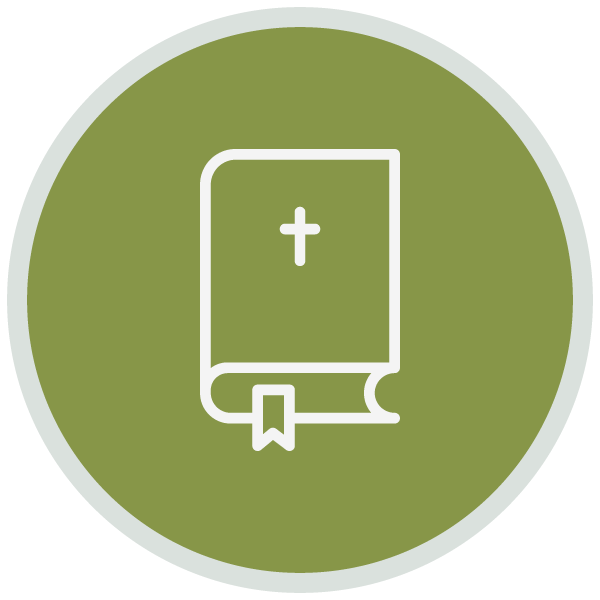 A green circular icon featuring a white outline of a closed book with a cross on the cover and a bookmark hanging from the bottom, symbolizing a Bible.