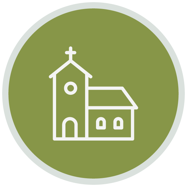 A simple white church icon with a cross on top is displayed on a green circular background, inviting you to connect with a Christian Church.